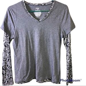 🌿Danskins Now girls shirt top grey with paisley print sleeves Sz M (8-10) F-06